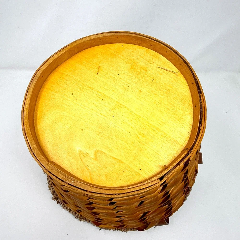 Rustic Woven Wood Basket with Seagrass Rim and Leather Handles Brown 11x8